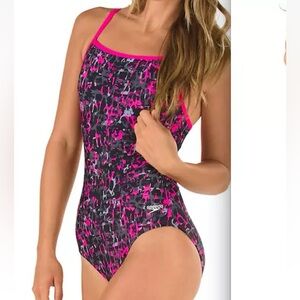 Speedo Pink Black & Gray Print 1 Piece Endurance Proback Swim Bathing Suit 12